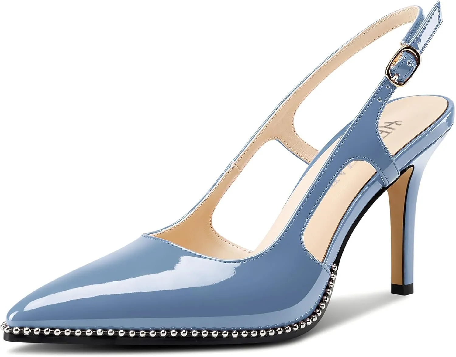 HEUIVZAR Womens Beaded Pumps Slingback Stiletto High Heels Pointed Toe Slip-on Sandals Adjustable Buckle Pearls Patent Leather Dress Shoes 3.5 Inches Heels