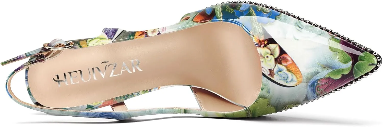 HEUIVZAR Womens Beaded Pumps Slingback Stiletto High Heels Pointed Toe Slip-on Sandals Adjustable Buckle Pearls Patent Leather Dress Shoes 3.5 Inches Heels