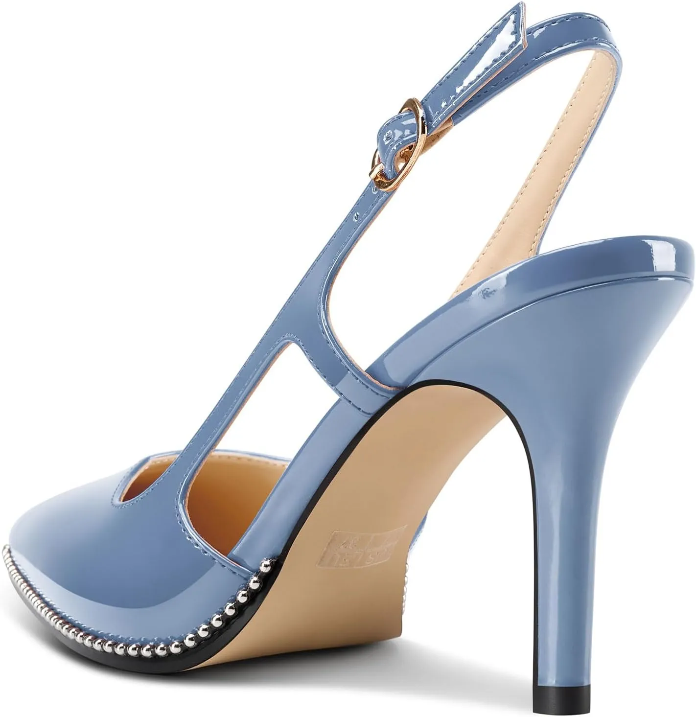 HEUIVZAR Womens Beaded Pumps Slingback Stiletto High Heels Pointed Toe Slip-on Sandals Adjustable Buckle Pearls Patent Leather Dress Shoes 3.5 Inches Heels
