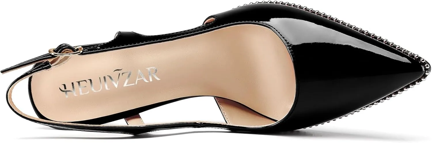 HEUIVZAR Womens Beaded Pumps Slingback Stiletto High Heels Pointed Toe Slip-on Sandals Adjustable Buckle Pearls Patent Leather Dress Shoes 3.5 Inches Heels