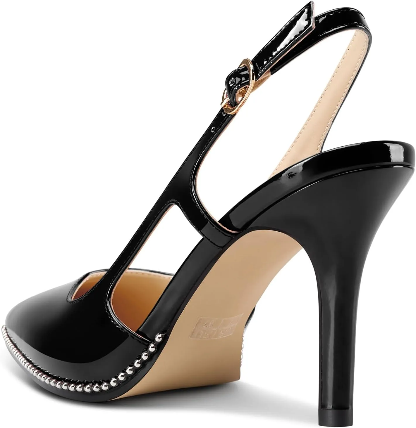 HEUIVZAR Womens Beaded Pumps Slingback Stiletto High Heels Pointed Toe Slip-on Sandals Adjustable Buckle Pearls Patent Leather Dress Shoes 3.5 Inches Heels