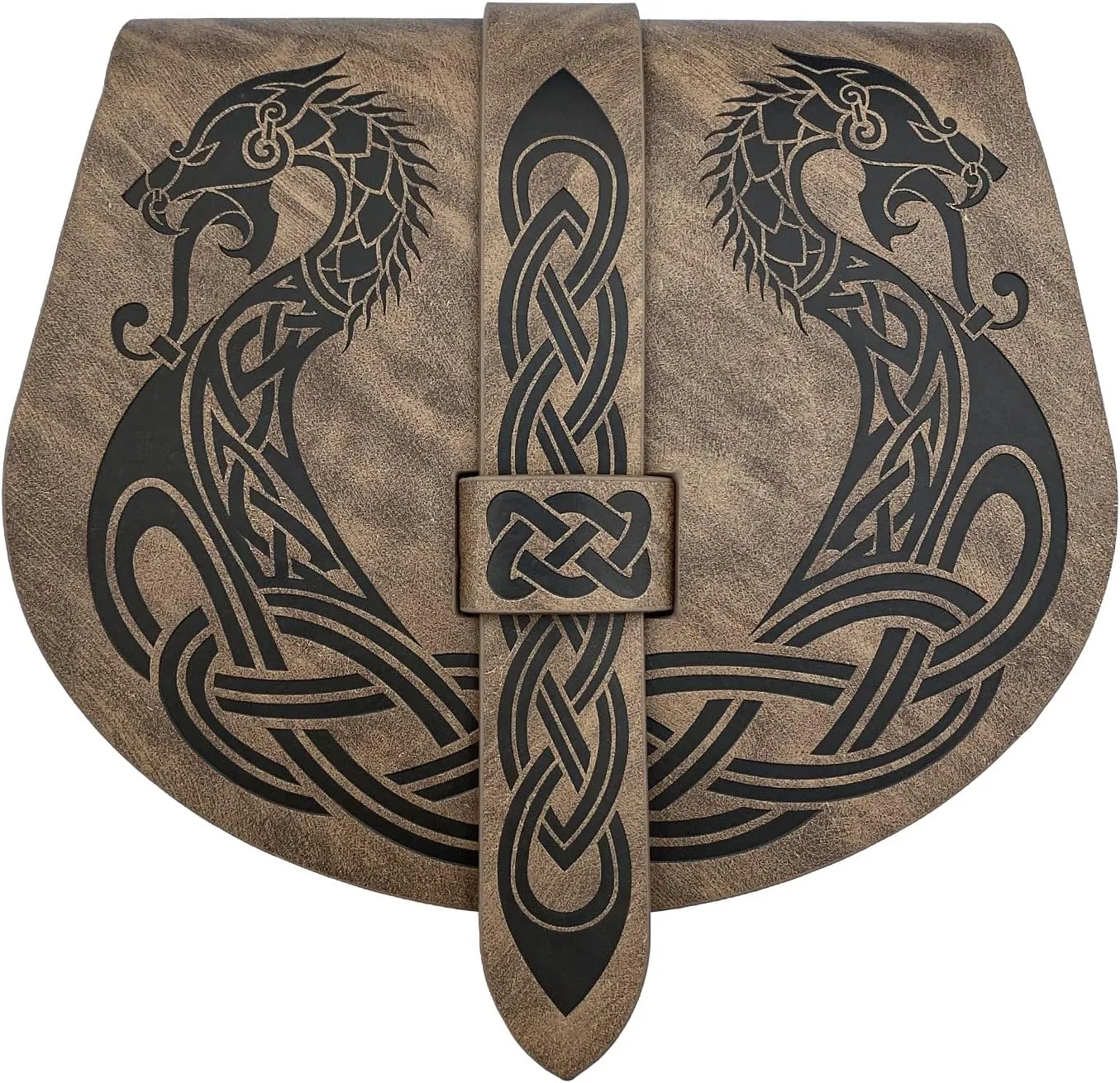 HiiFeuer Viking Embossed Langskip Belt Pouch, Medieval Faux Leather Flap Saddle Side Bag Purses, Retro Portable Belt Bag (Brown A)