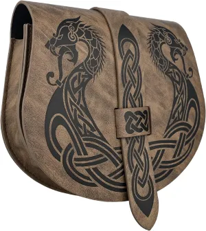 HiiFeuer Viking Embossed Langskip Belt Pouch, Medieval Faux Leather Flap Saddle Side Bag Purses, Retro Portable Belt Bag (Brown A)