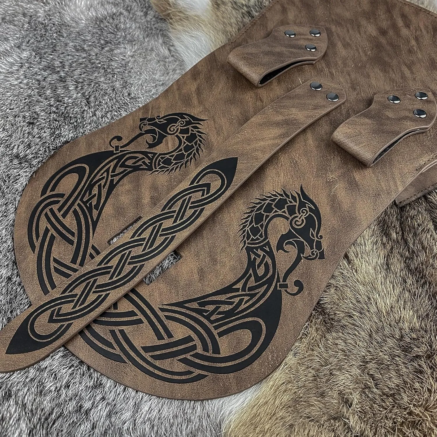 HiiFeuer Viking Embossed Langskip Belt Pouch, Medieval Faux Leather Flap Saddle Side Bag Purses, Retro Portable Belt Bag (Brown A)