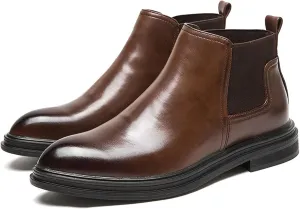 HOOENG Ankle Boots for Men Elastic Bandage Burnished Toe Cowhide Leather PU Non Slip Anti-Slip Wearable Slip on Dress (Color : Brown Lined, Size : 6.5)