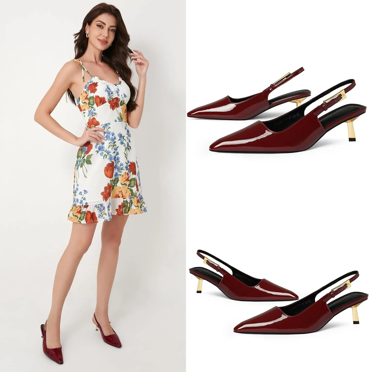 iiimmu Kitten Heels for Women 2 inch Low Heel Pointed Closed Toe Slingback Pumps Dress Shoes, Faux Leather