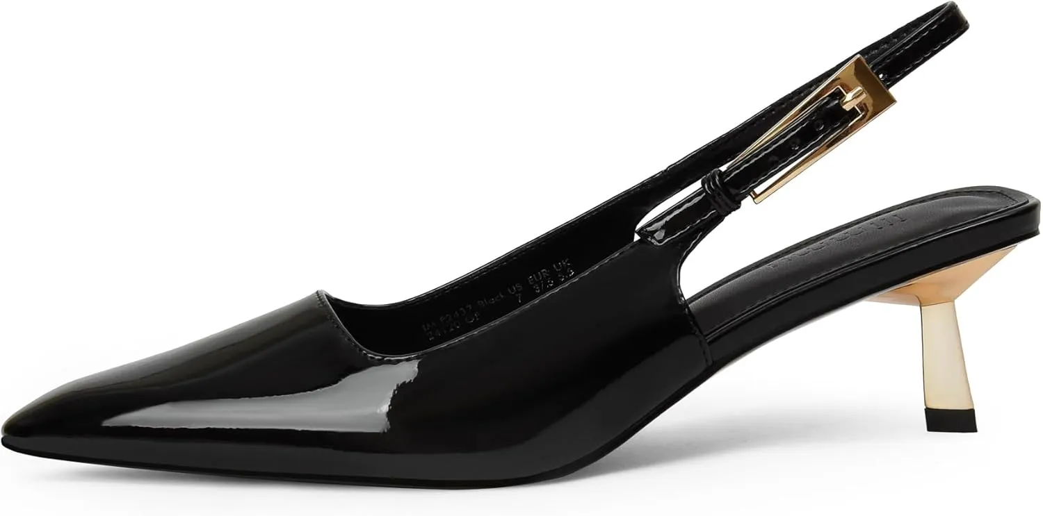 iiimmu Kitten Heels for Women 2 inch Low Heel Pointed Closed Toe Slingback Pumps Dress Shoes, Faux Leather