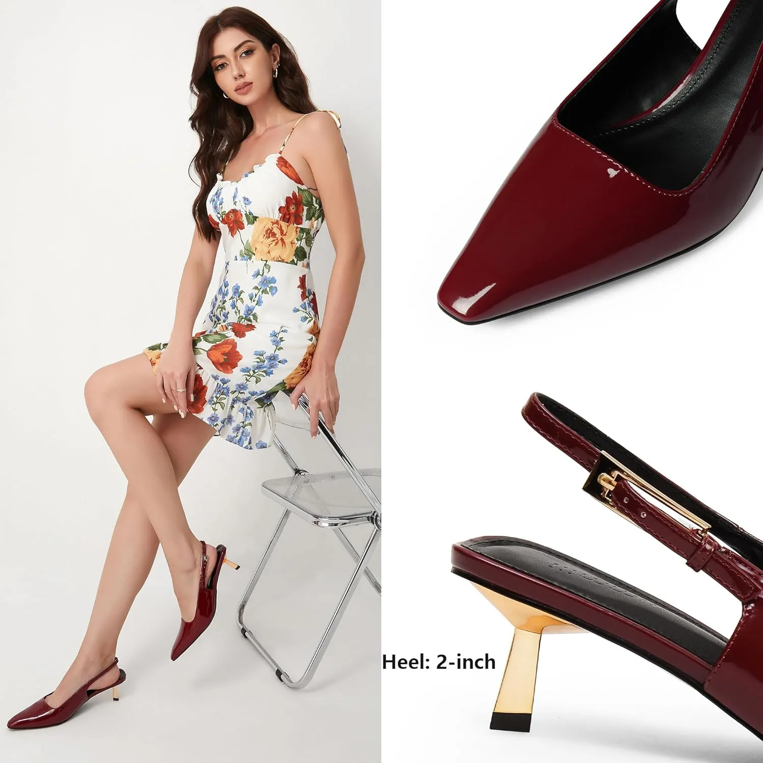 iiimmu Kitten Heels for Women 2 inch Low Heel Pointed Closed Toe Slingback Pumps Dress Shoes, Faux Leather