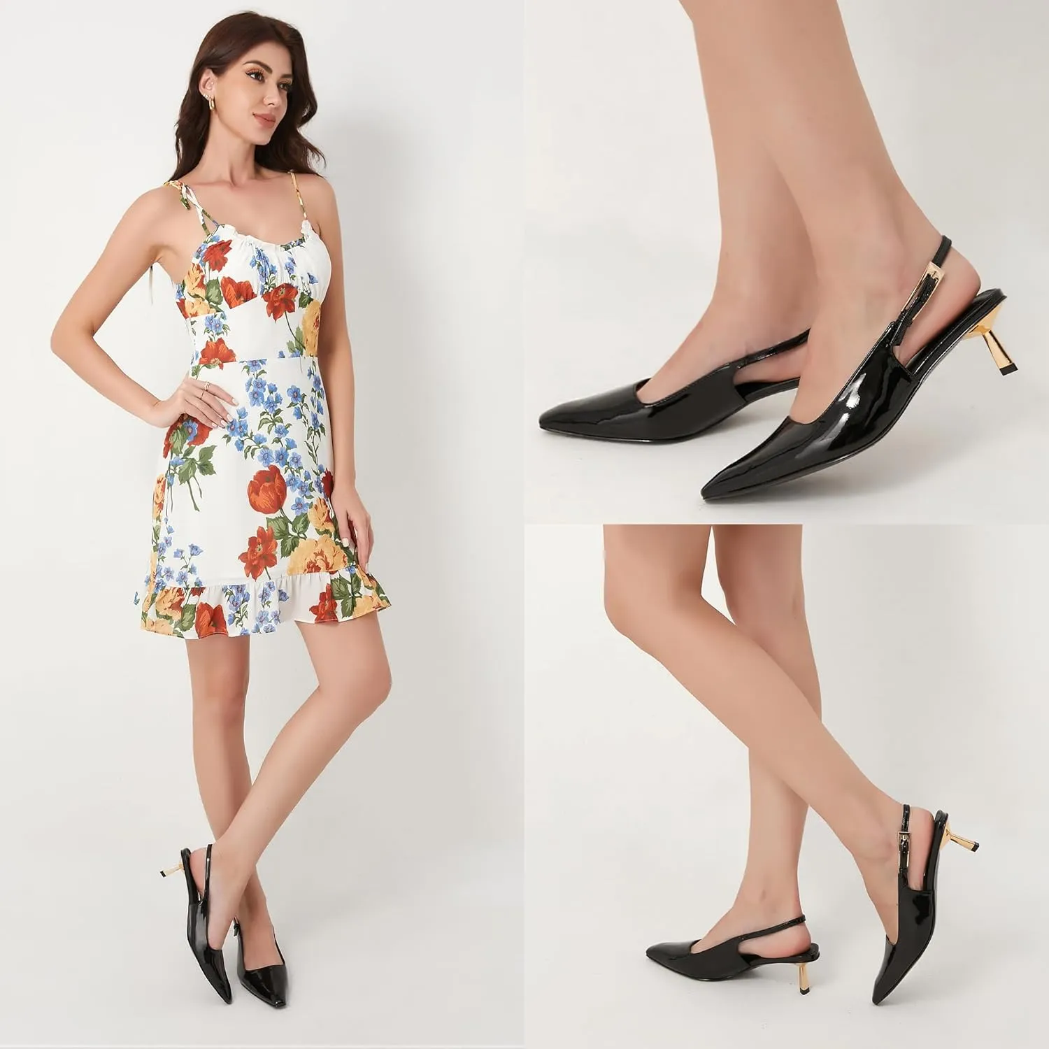 iiimmu Kitten Heels for Women 2 inch Low Heel Pointed Closed Toe Slingback Pumps Dress Shoes, Faux Leather
