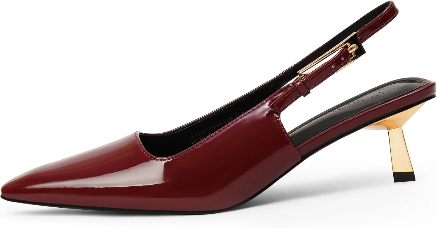iiimmu Kitten Heels for Women 2 inch Low Heel Pointed Closed Toe Slingback Pumps Dress Shoes, Faux Leather