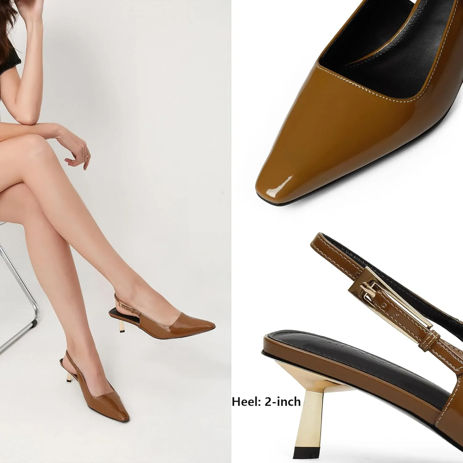 iiimmu Kitten Heels for Women 2 inch Low Heel Pointed Closed Toe Slingback Pumps Dress Shoes, Faux Leather