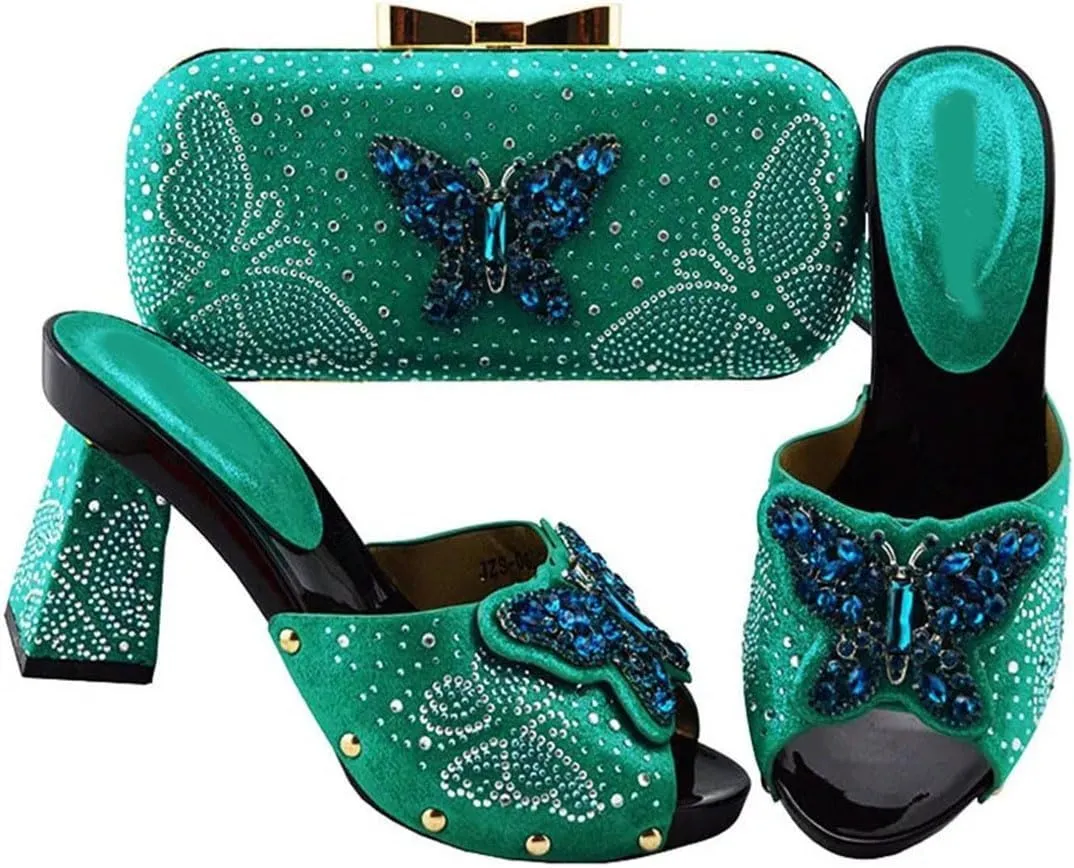 Italian Crafted Square-Toe Rhinestone Heels and Clutch Set African Women’s Wedding Banquet Footwear