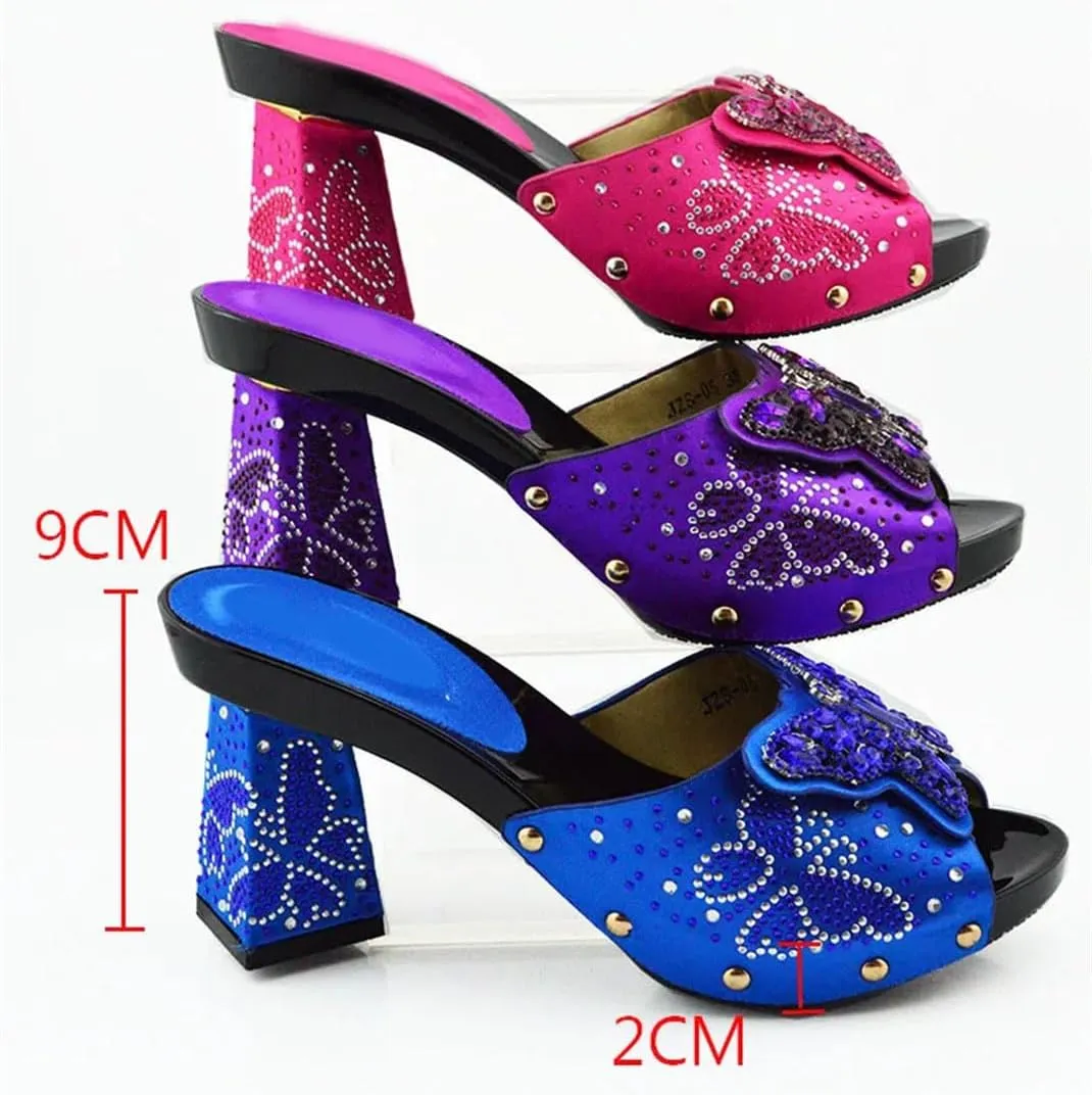 Italian Crafted Square-Toe Rhinestone Heels and Clutch Set African Women’s Wedding Banquet Footwear