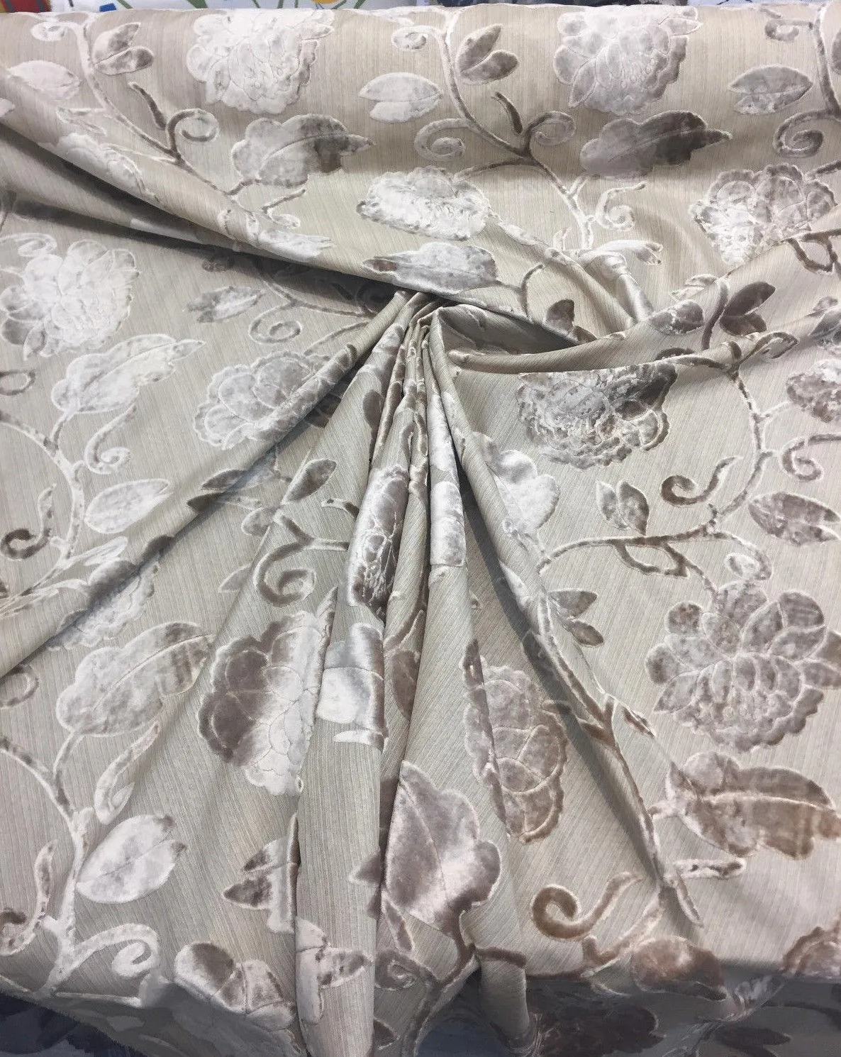 Italian Cut Cream Floral Burn velvet Drapery fabric By the yard pillows curtains