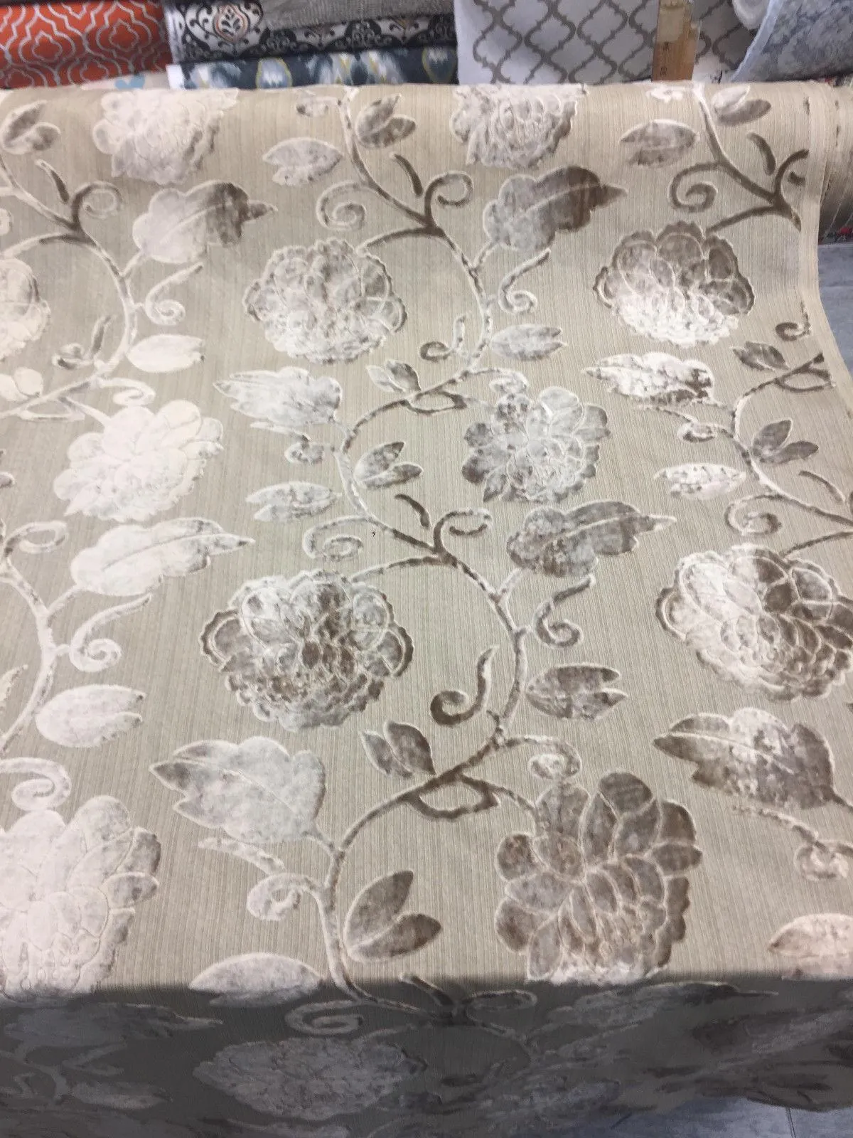 Italian Cut Cream Floral Burn velvet Drapery fabric By the yard pillows curtains