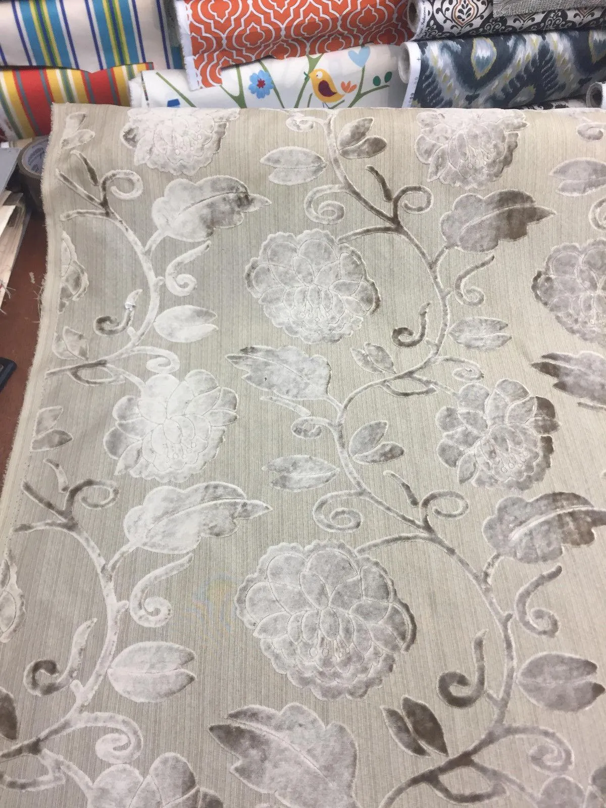 Italian Cut Cream Floral Burn velvet Drapery fabric By the yard pillows curtains