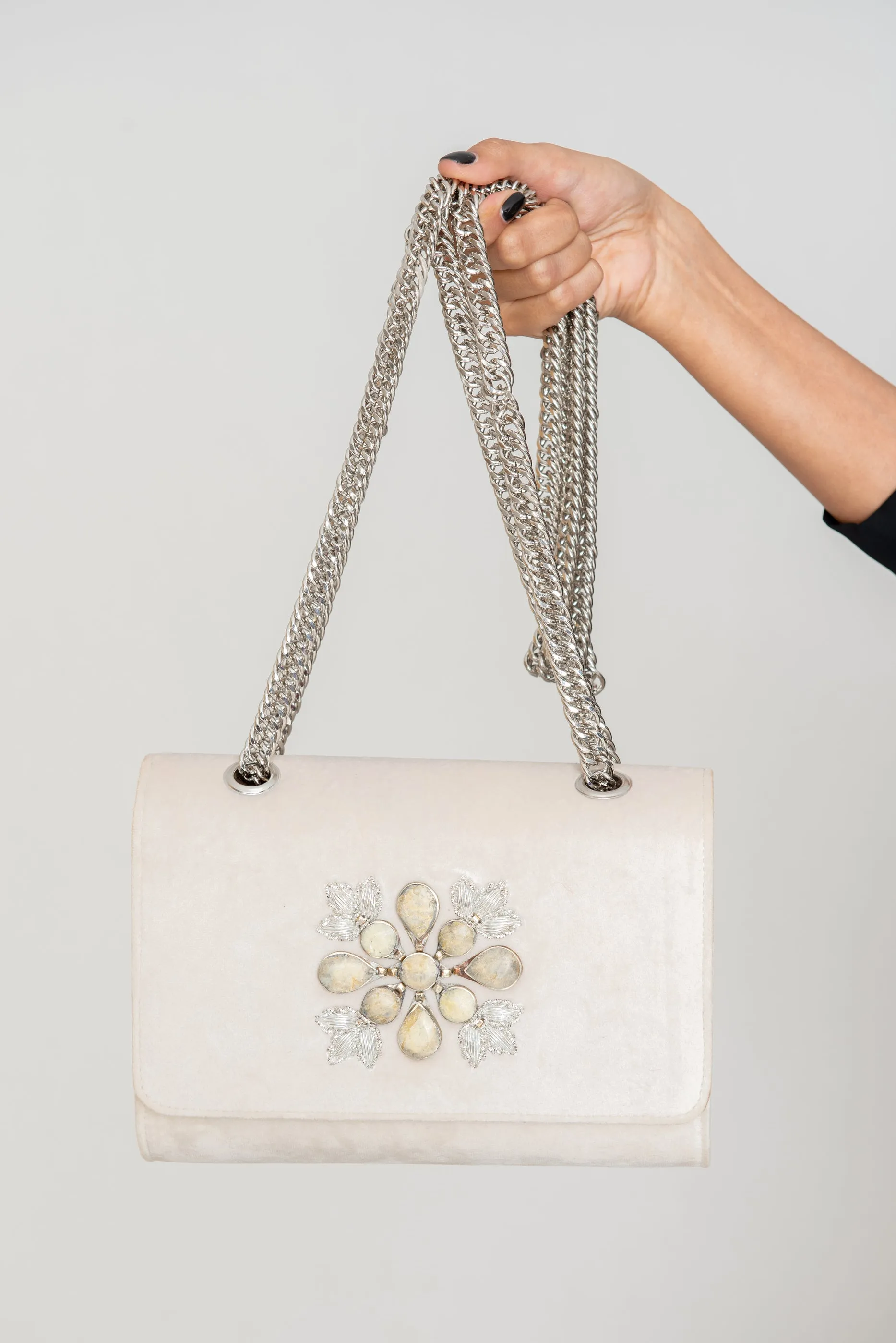 Ivory Velvet Chain Clutch (Clear Stone)