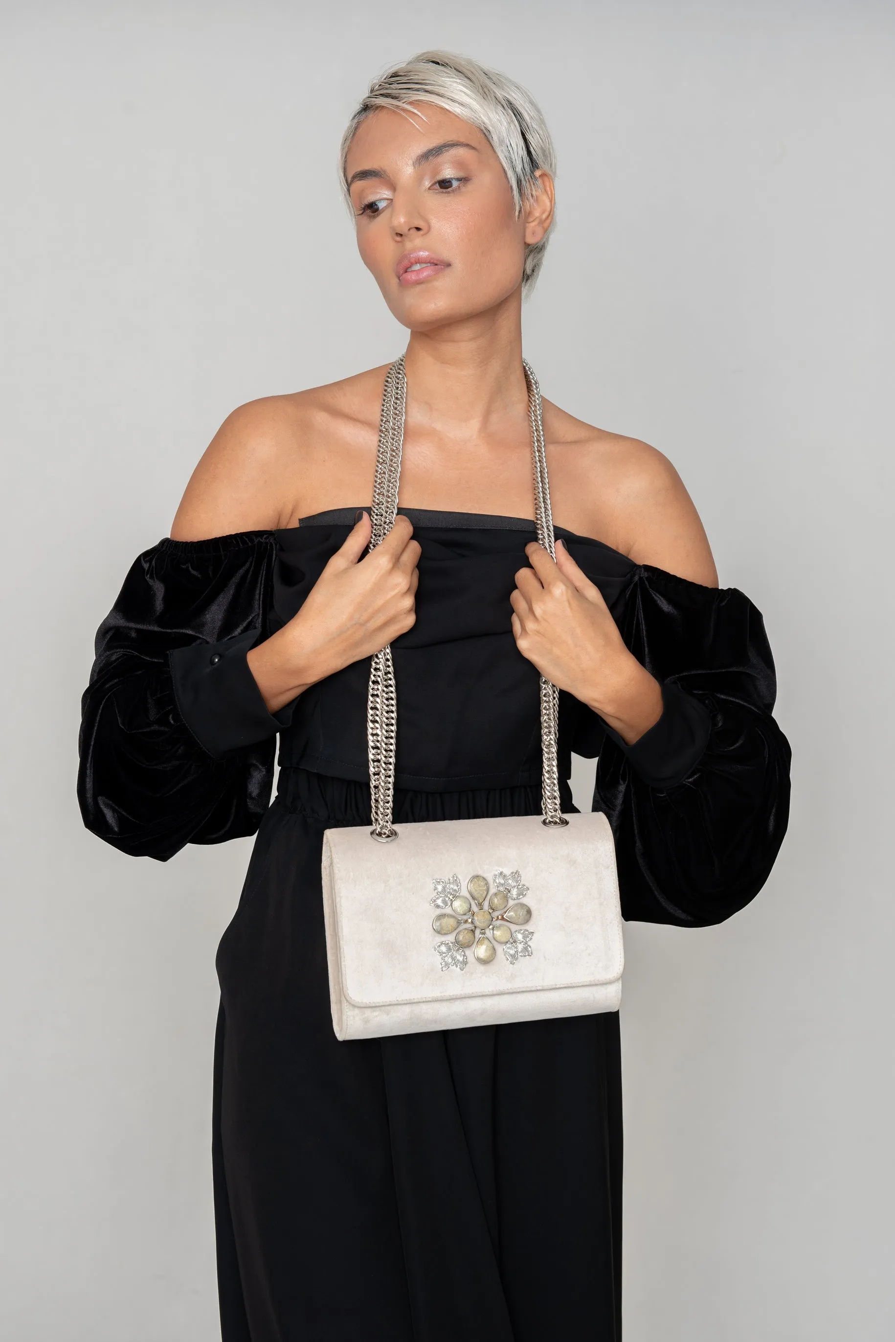 Ivory Velvet Chain Clutch (Clear Stone)
