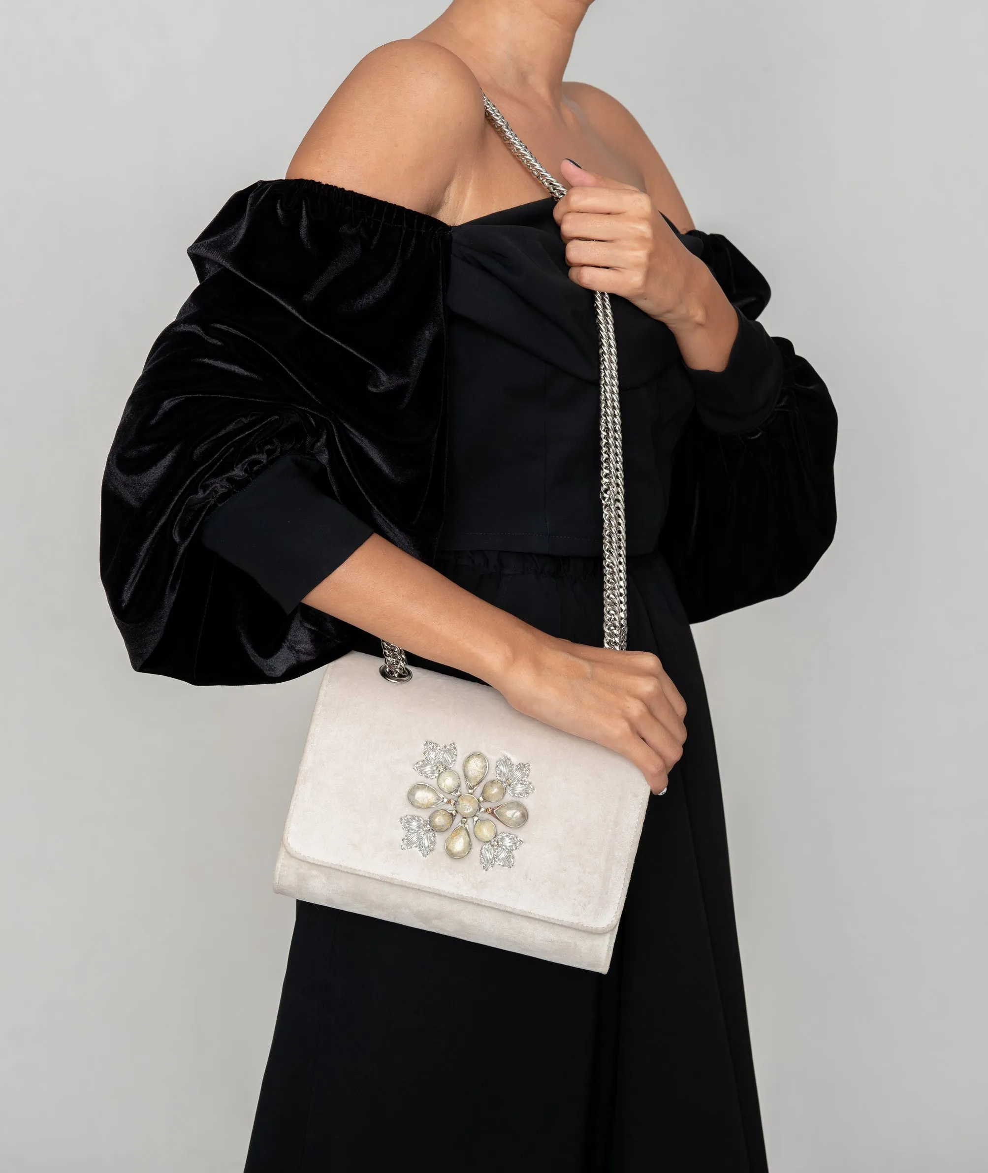 Ivory Velvet Chain Clutch (Clear Stone)