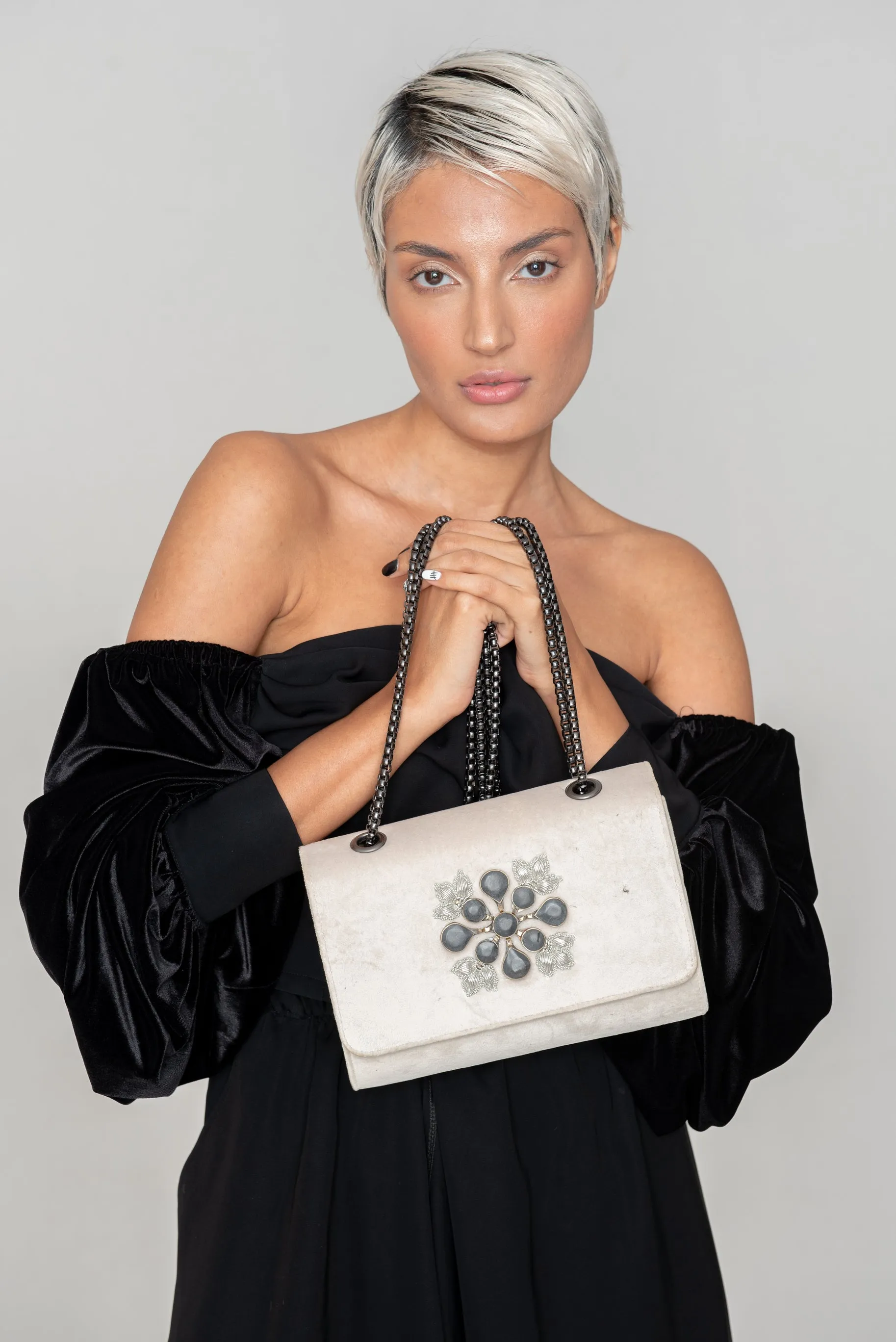 Ivory Velvet Chain Clutch