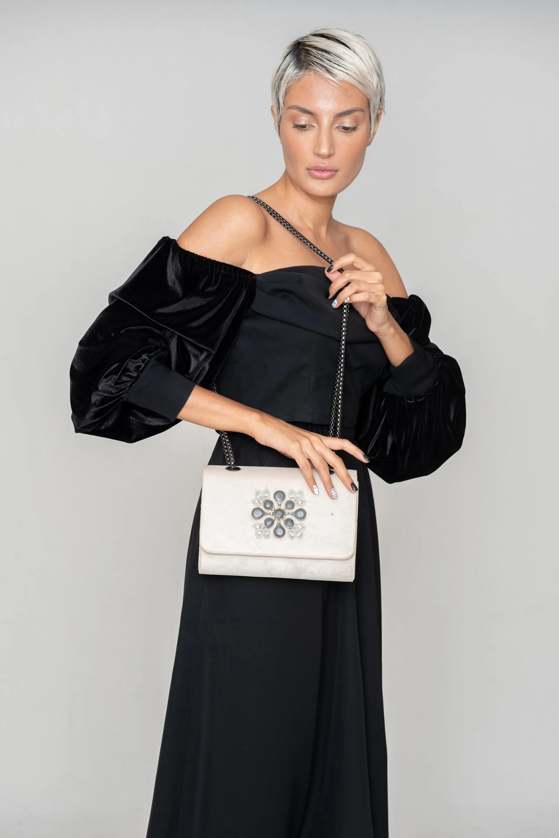 Ivory Velvet Chain Clutch