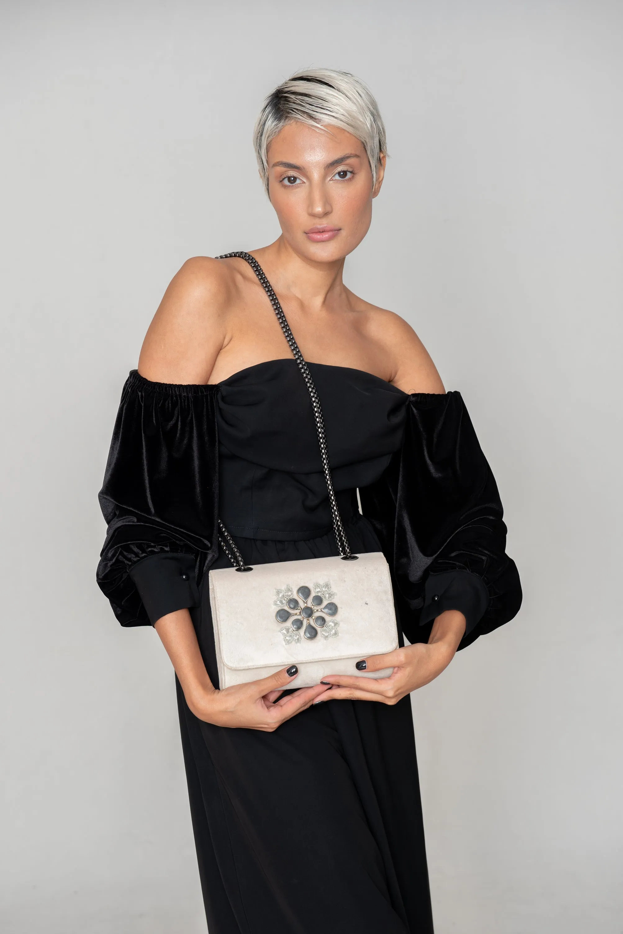 Ivory Velvet Chain Clutch
