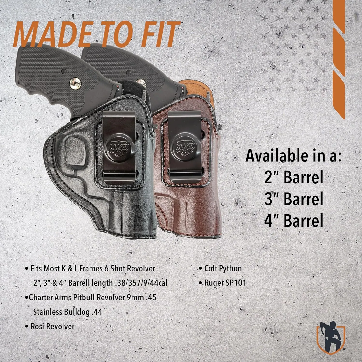 IWB Genuine Leather Gun Holster, Conceal Carry, Fits Most K & L 6 Shot Revolvers in a 2", 3" & 4" Barrel Length .38|357|9|44cal. Ruger SP101, Python, 357 Magnum.