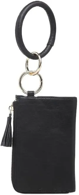 JEN & CO. Liv Black Bangle Wristlet - Vegan Leather Wallet & Purse with Keychain Clip, Credit Card and Key Holder