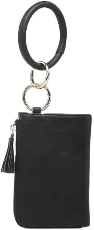 JEN & CO. Liv Black Bangle Wristlet - Vegan Leather Wallet & Purse with Keychain Clip, Credit Card and Key Holder