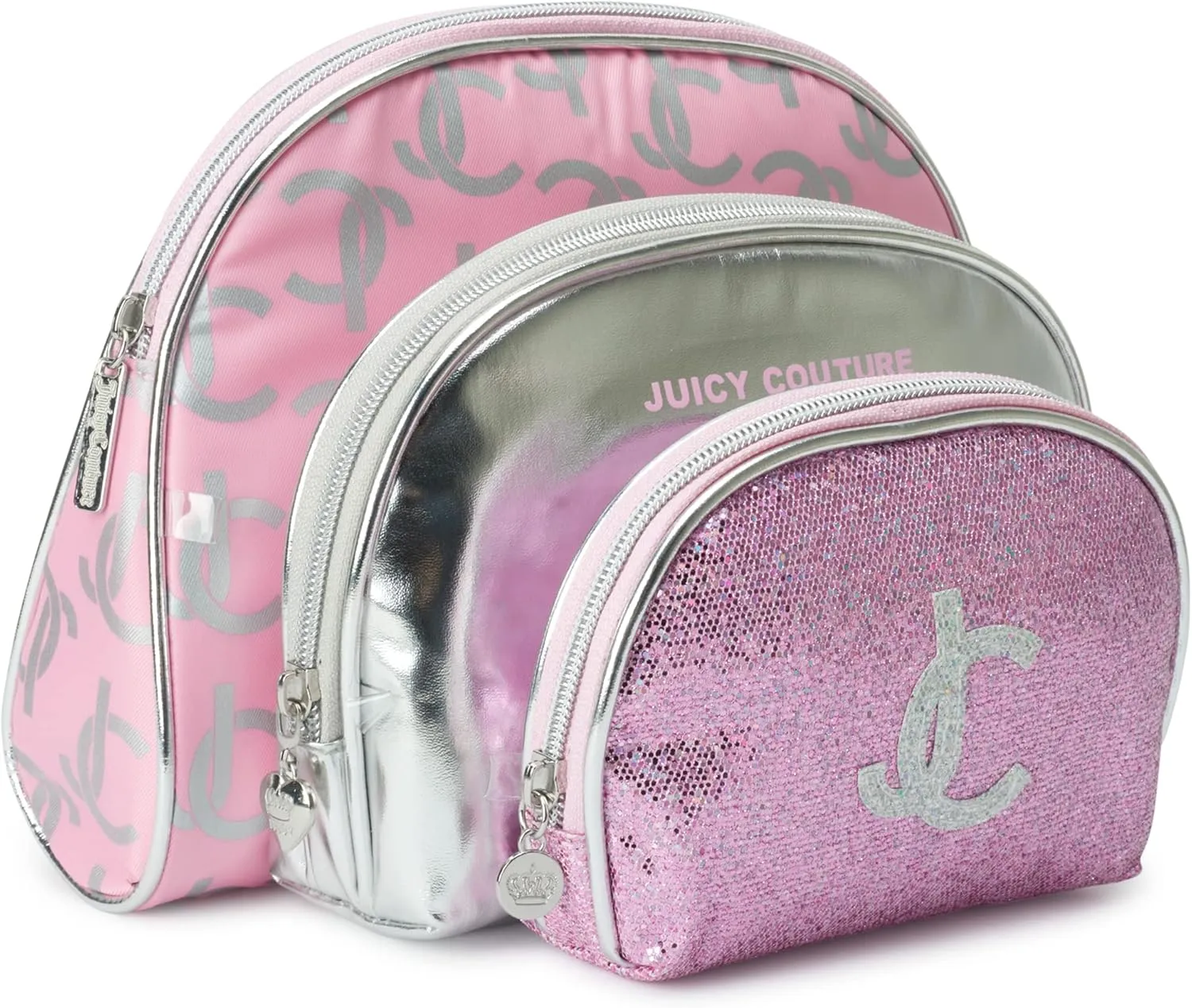 Juicy Couture Women's Toiletries Kit Set - Mixed Trio Travel Makeup and Cosmetics Large Bag, Clutch, Coin Purse, Size One Size, Pink Sparkle