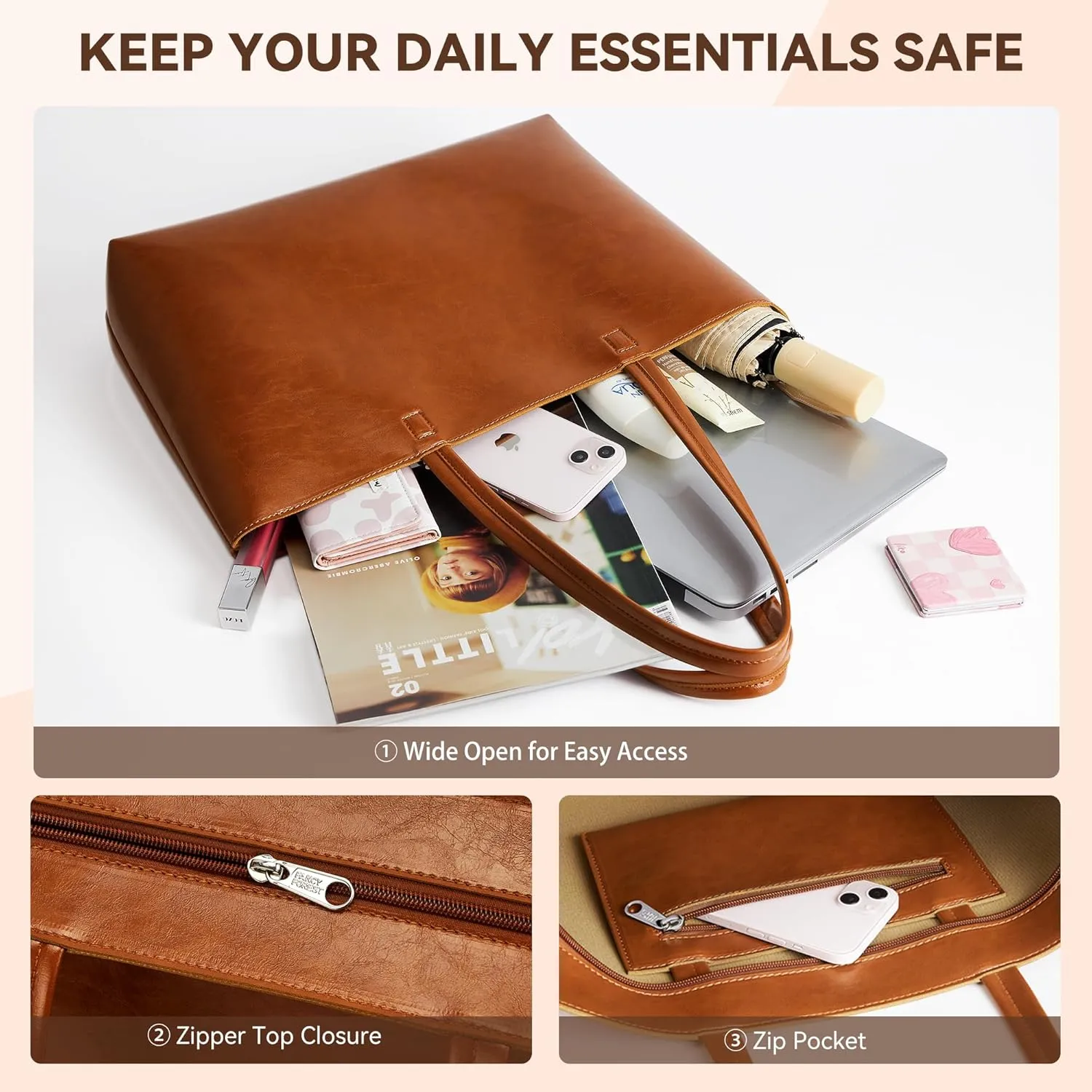 KALIDI Tote Bag Zipper Shoulder Bag Faux Leather Purses Satchel for Women Large Casual Handbag Work Dating College