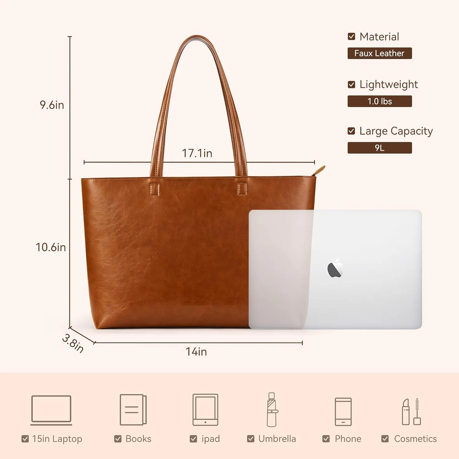 KALIDI Tote Bag Zipper Shoulder Bag Faux Leather Purses Satchel for Women Large Casual Handbag Work Dating College