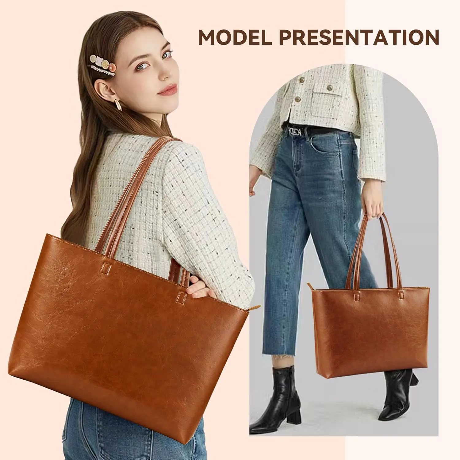 KALIDI Tote Bag Zipper Shoulder Bag Faux Leather Purses Satchel for Women Large Casual Handbag Work Dating College