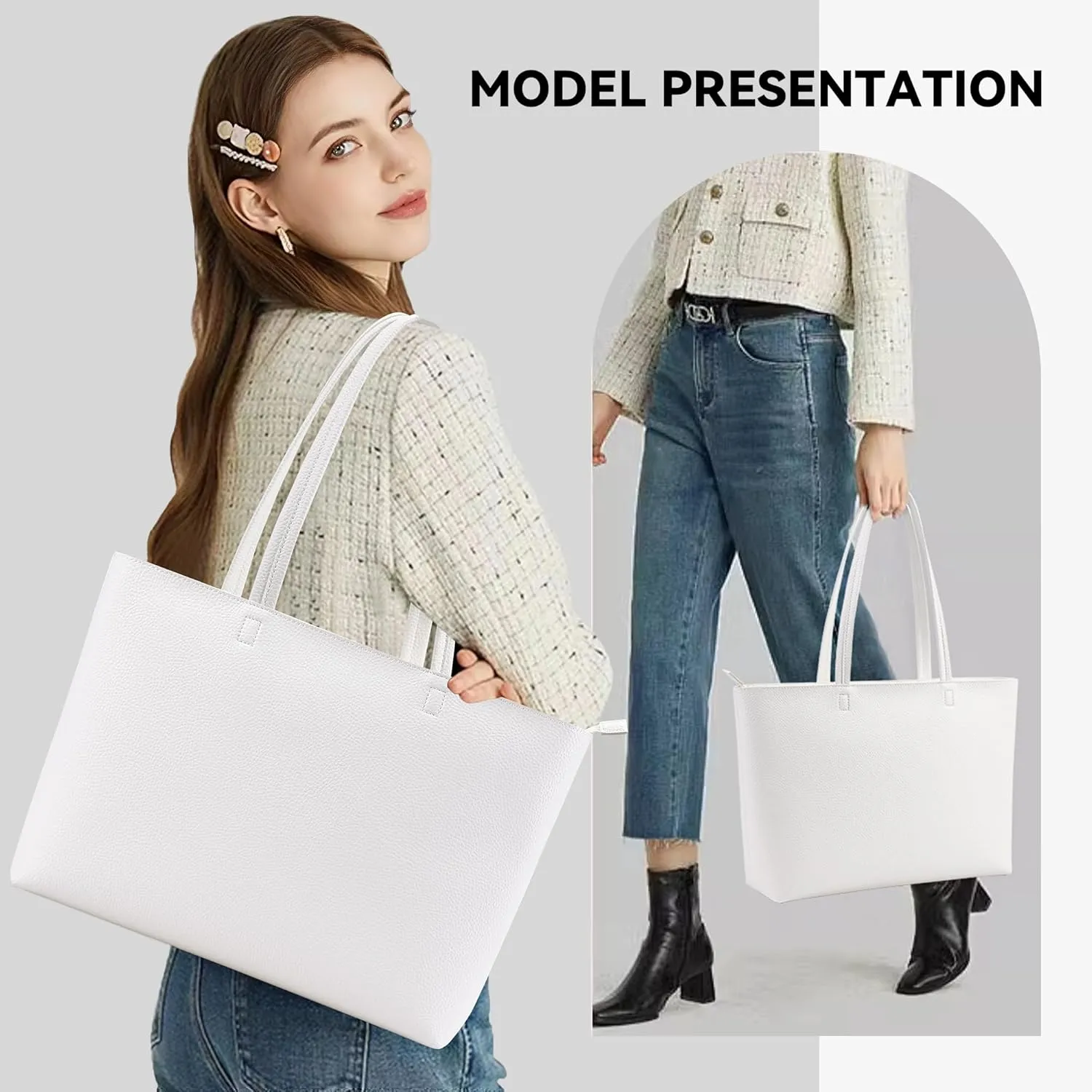 KALIDI Tote Bag Zipper Shoulder Bag Faux Leather Purses Satchel for Women Large Casual Handbag Work Dating College