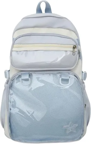 Kawaii Ita Backpack with Removable Clear Pouch Anime Merch Display Otaku Bag for Pins Badges Cosplay Accessory Storage (Blue)