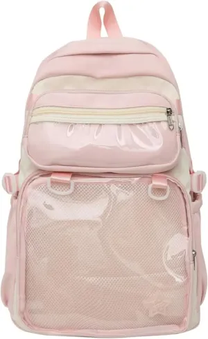 Kawaii Ita Backpack with Removable Clear Pouch Anime Merch Display Otaku Bag for Pins Badges Cosplay Accessory Storage (Pink)