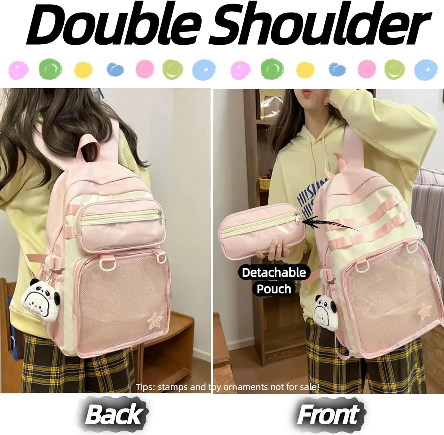 Kawaii Ita Backpack with Removable Clear Pouch Anime Merch Display Otaku Bag for Pins Badges Cosplay Accessory Storage (Pink)