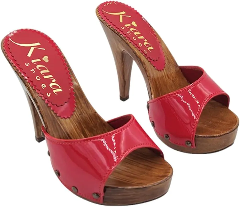 Kiara Shoes Women's Clogs in Red Patent Leather and 11 cm Heel - K211001 Vern Rosso