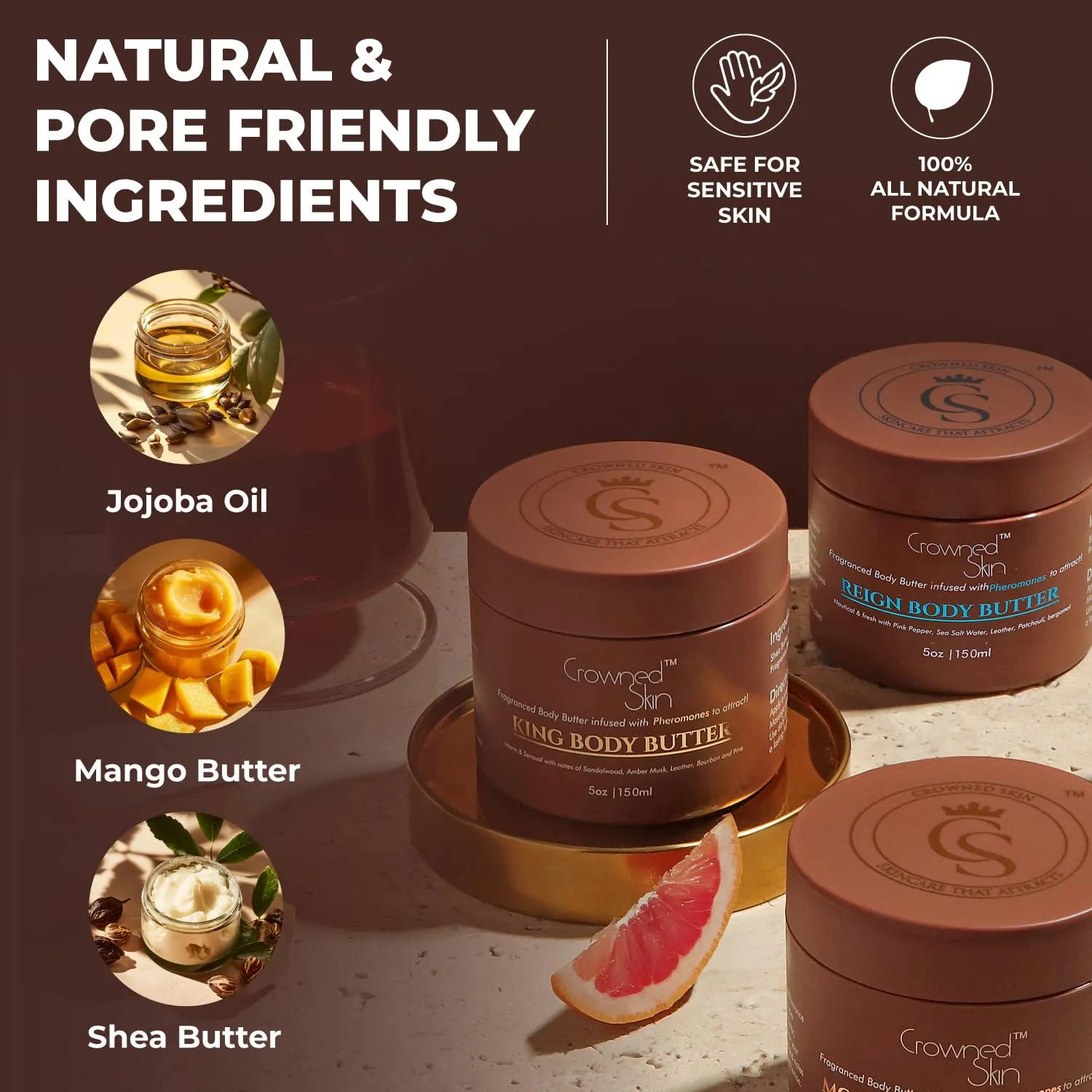 King Cologned Body Butter | Warm and Sensual Scent | Blended with Sandalwood & Leather | Infused with Organic Shea & Mango Butters | Moisturizing Formula with All-Day Fragrance | 5oz