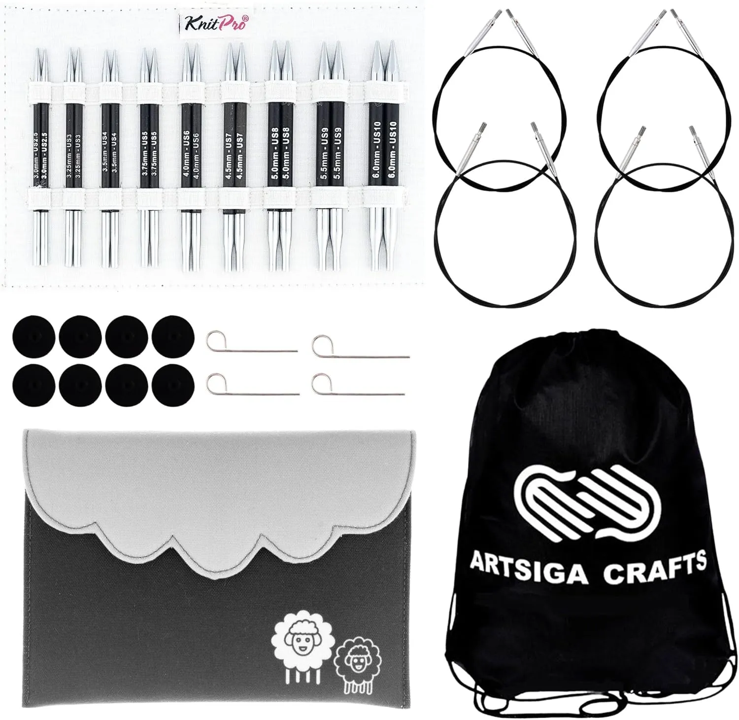 KnitPro Karbonz Deluxe Set 4 inch Circular Knitting Needles Size 2.5, 3, 4, 5, 6, 7, 8, 9, 10 Interchangeable, 4 Cables, 8 Caps, 4 Keys, Fabric Case with Project Bag