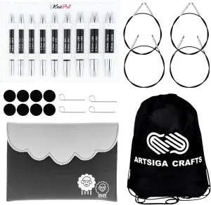 KnitPro Karbonz Deluxe Set 4 inch Circular Knitting Needles Size 2.5, 3, 4, 5, 6, 7, 8, 9, 10 Interchangeable, 4 Cables, 8 Caps, 4 Keys, Fabric Case with Project Bag