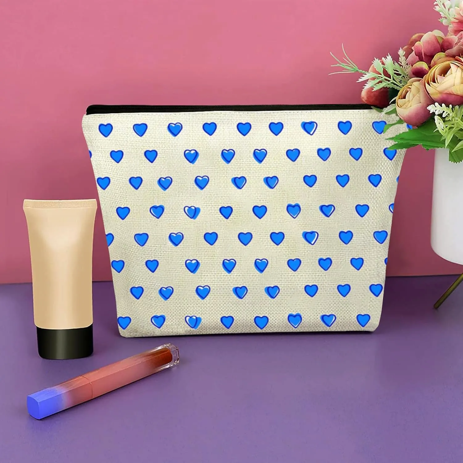 KNoRRS Chic Blue Preppy Makeup Bag - Elegant Zipper Pouch for Travel & Toiletries, Ideal Gift for Teen Girls & Roller Hearts Rabbit Lovers