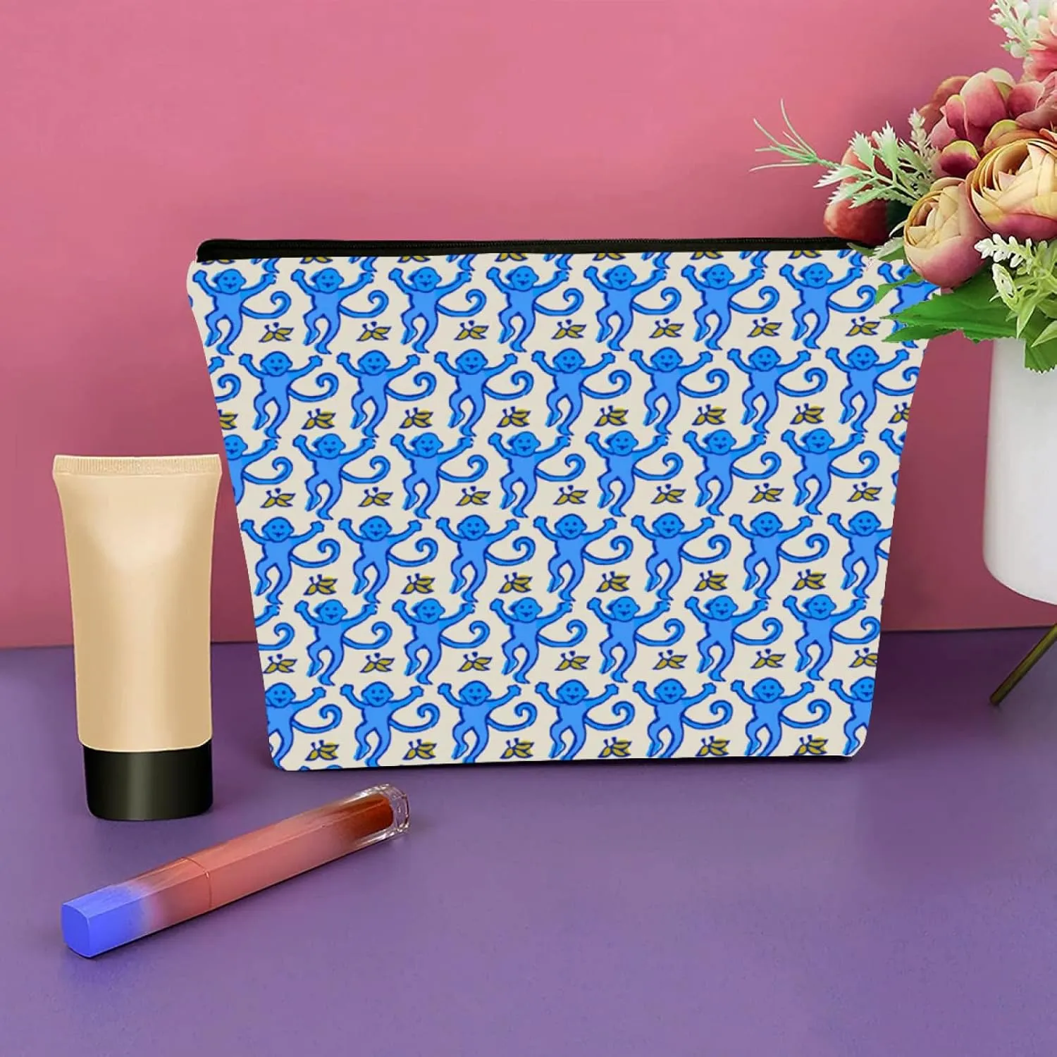 KNoRRS Chic Blue Preppy Makeup Bag - Elegant Zipper Pouch for Travel & Toiletries, Ideal Gift for Teen Girls & Roller Monkey Rabbit Lovers