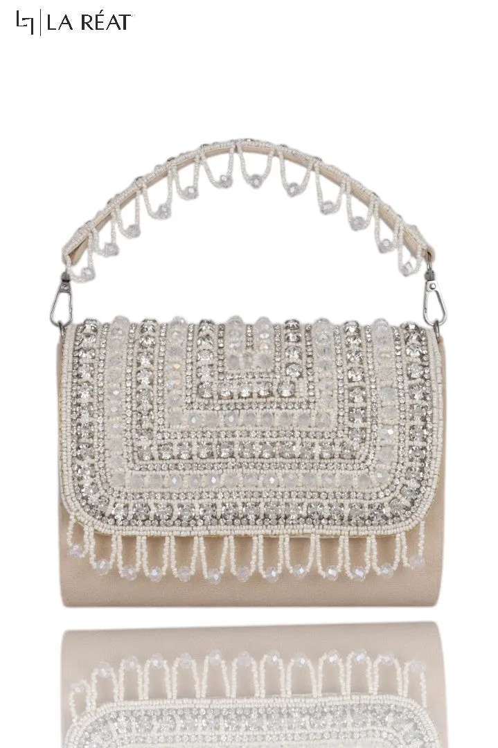 La Reat Glamour Women's Bridal Fancy Party Hand Embroidery Clutch Purse in Beige