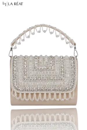 La Reat Glamour Women's Bridal Fancy Party Hand Embroidery Clutch Purse in Beige