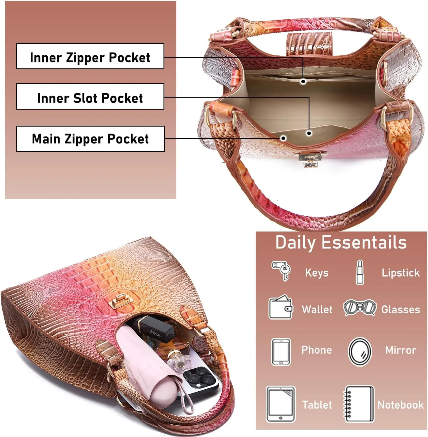 Ladies Tote Leather Bags for Women Crocodile Embossed Zipper Satchel Purse Classy Compartments Crossbody bag
