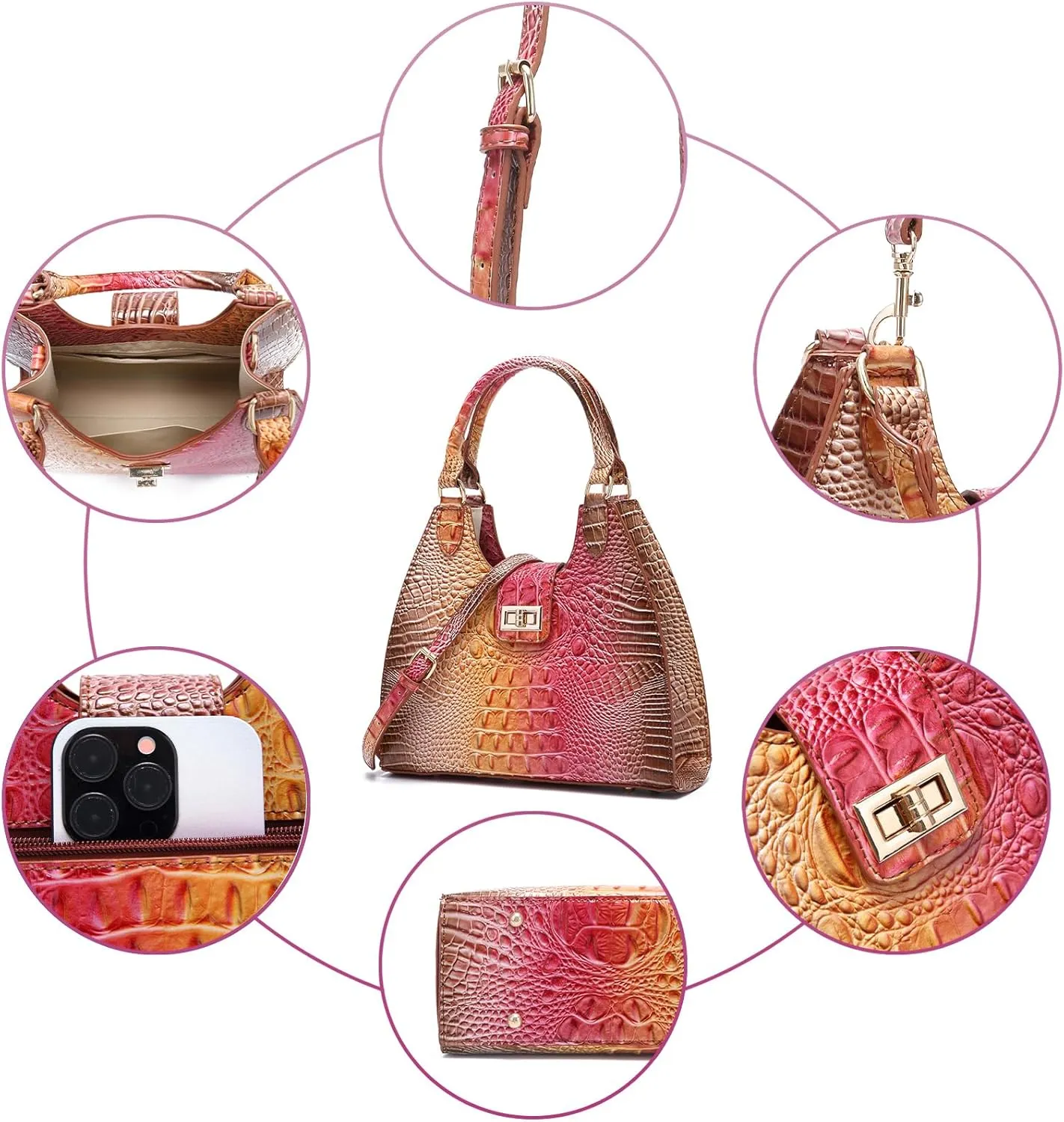 Ladies Tote Leather Bags for Women Crocodile Embossed Zipper Satchel Purse Classy Compartments Crossbody bag