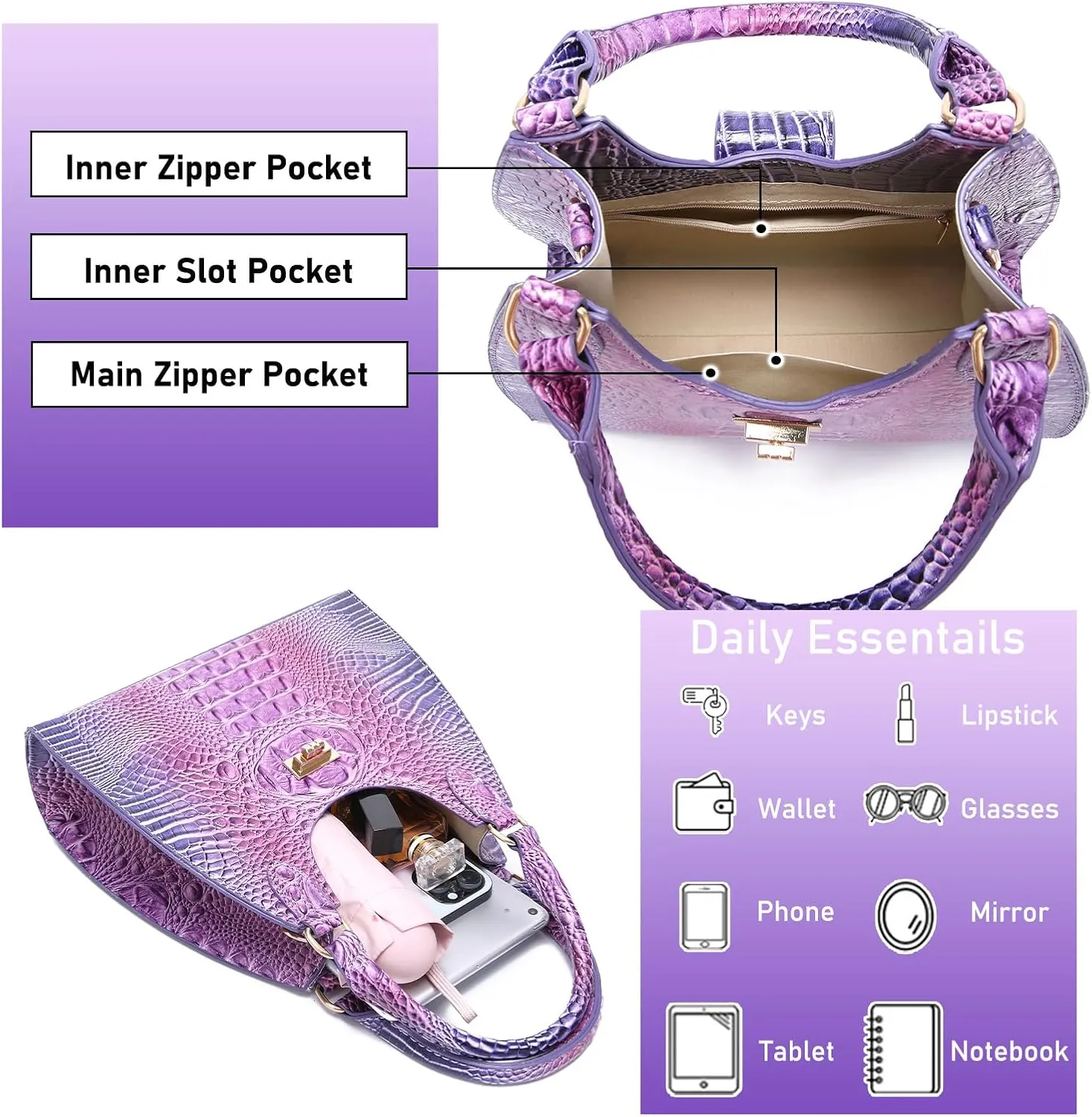 Ladies Tote Leather Bags for Women Crocodile Embossed Zipper Satchel Purse Classy Compartments Crossbody bag
