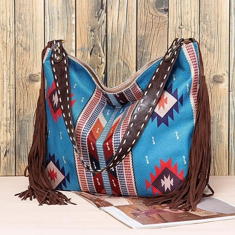 Large Capacity Purses Retro Shoulder Handmade Ethnic Travel Handbags Women's Canvas Tassel Tote