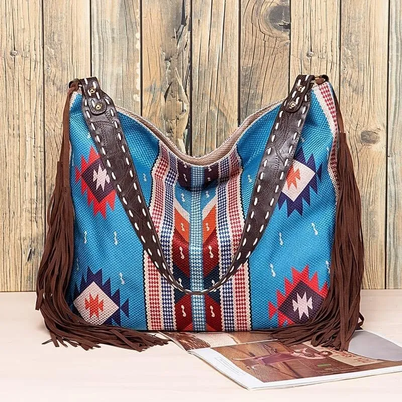Large Capacity Purses Retro Shoulder Handmade Ethnic Travel Handbags Women's Canvas Tassel Tote